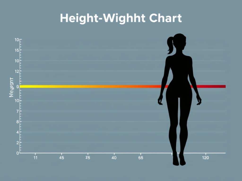Height-weight chart for women showing the relationship between height and healthy weight ranges Height-weight chart for women showing the relationship between height and healthy weight ranges