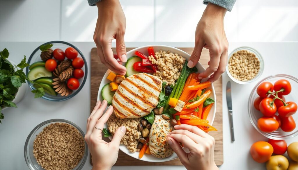 Person preparing a balanced, nutritious meal with various food groups represented Person preparing a balanced, nutritious meal with various food groups represented