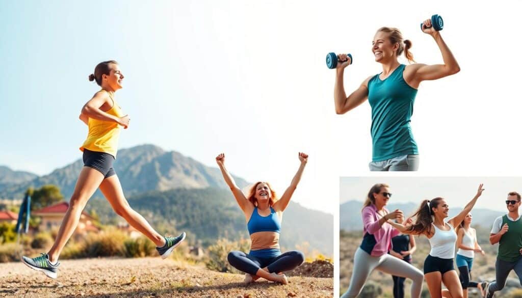 Various forms of physical activity including cardio, strength training, and flexibility exercises Various forms of physical activity including cardio, strength training, and flexibility exercises